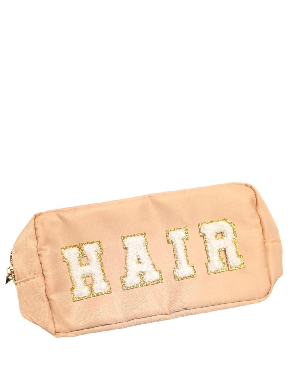 HAIR Cosmetic Makeup Bag Blush Pink Chenille Varsity Letters Gold Travel Case